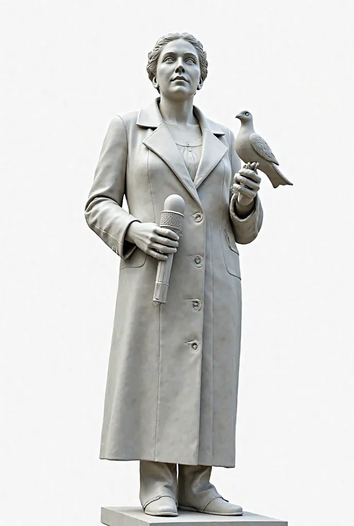 A women statue of a journalist holding a microphone and showing peace white background 