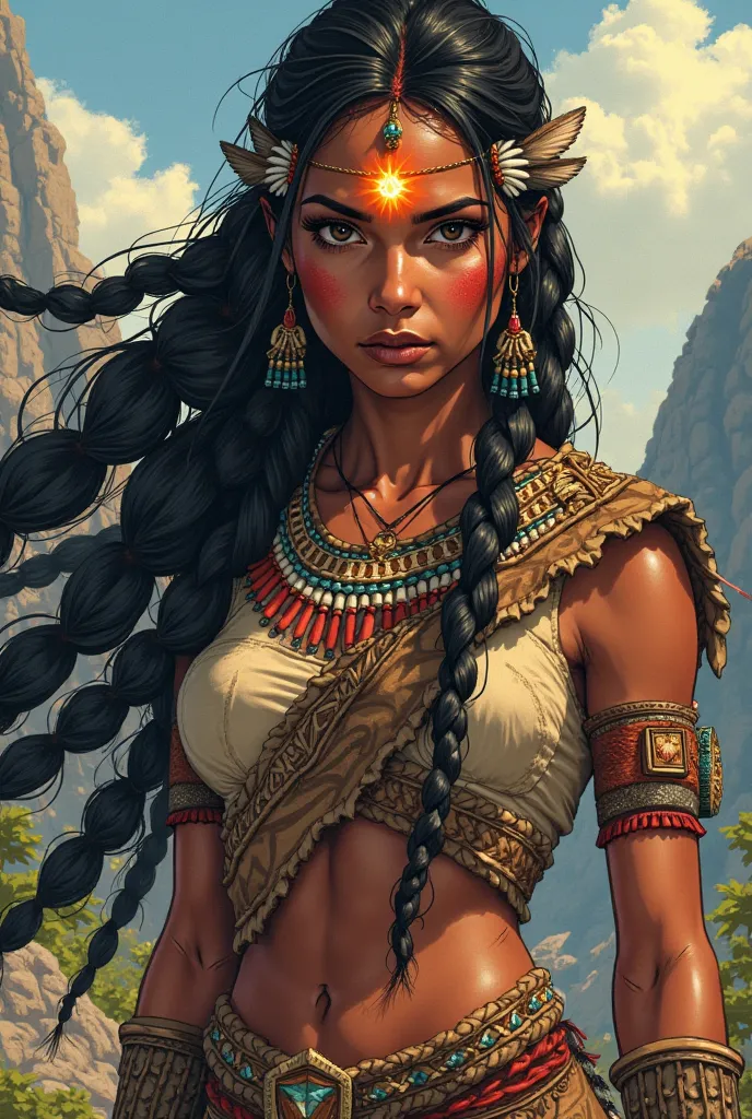 Prompt: "A young, indigenous woman with striking features, reflecting the spirit and heritage of her people. She has long, dark hair, braided intricately with beads and feathers, and her skin is a rich, warm brown. She carries the symbol of the Sun, a glow...