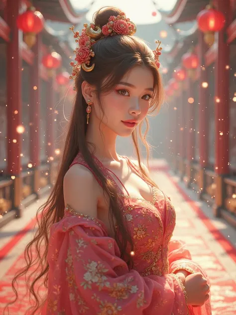 Chinese Han Dynasty Princess，About 
The Five Commandments,  1 Girl , long hair,  Light Brown Hair , seductive smile, hapiness/happiness, Crescent hair accessories, anime style, super wide angle, panoramic, Character map, 