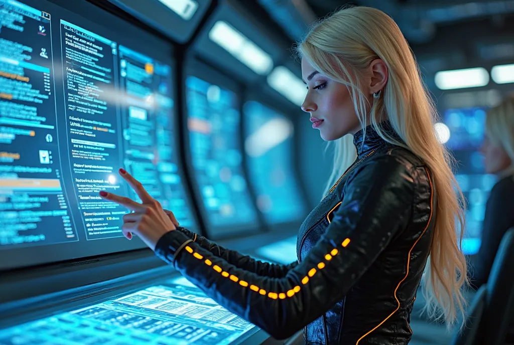 Masterpiece, best quality, highly detailed, a blonde woman with long flowing hair and a focused expression in a sleek black nano carbon and orange neon lines futuristic costume  typing on a vibrant blue holographic screen floating in front of her face in a...