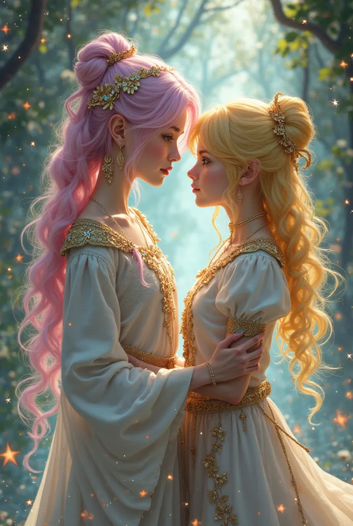 I want you to create two girls, who are magical geniuses; a tall , white girl, with pastel pink hair, very tender, her outfit is evident from a magical genius that matches her hair, quiero que la otra sea bajita y white girl, with pastel yellow hair, beaut...