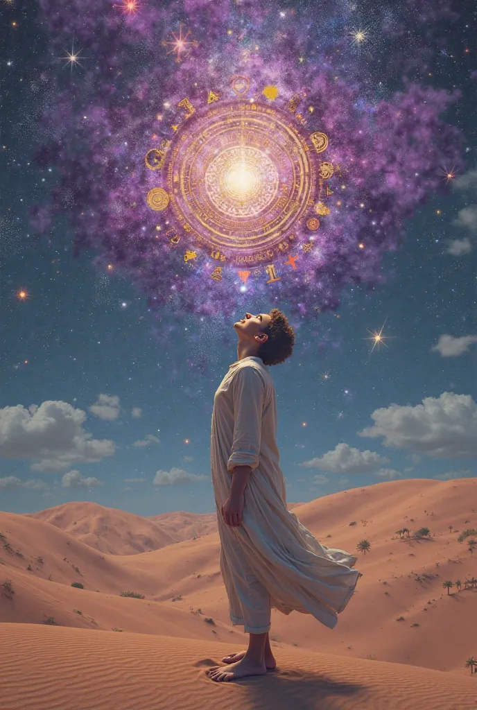 A person floats above a surreal desert, while a being made of stars and purple smoke touches their forehead. The touch awakens an explosion of cosmic symbols and mandalas, while a third eye opens on their forehead, revealing a vision of infinite superimpos...