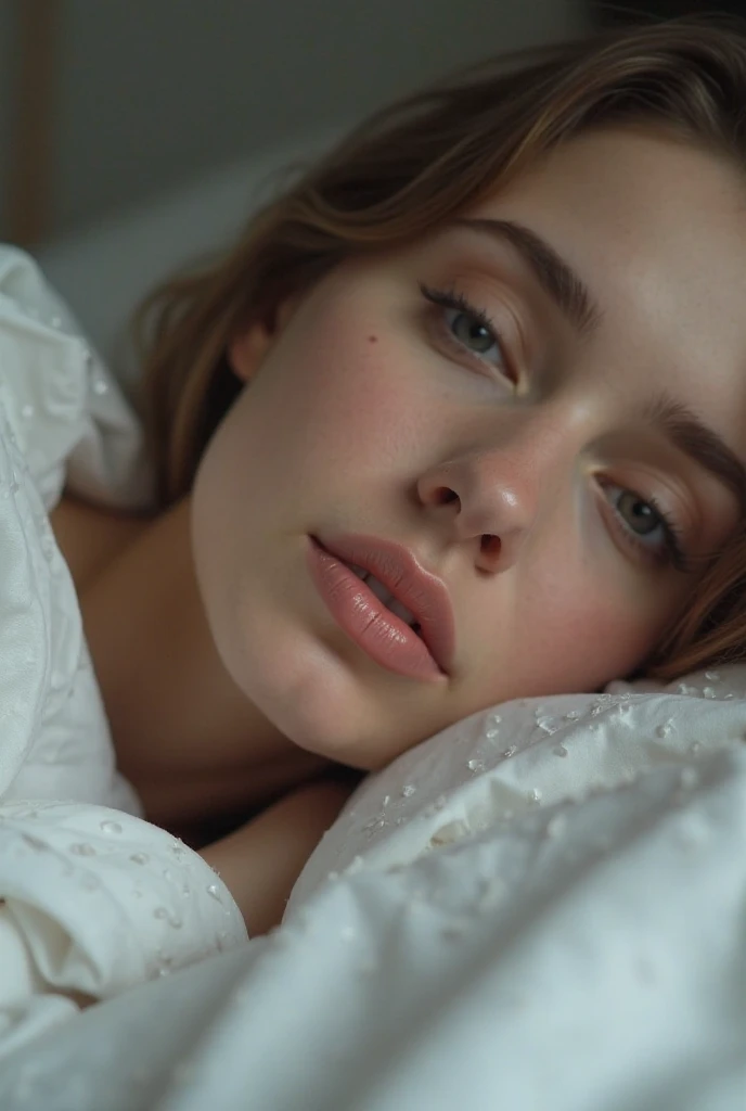 close up shot of a mid 20's woman's nose and lips while lying in a bed
with white messy sheets, minimal decor, shot on Sony a7R IV camera
with Meike 85mm F1.8 lens, high resolution, muted colors, appealing,
delicate --ar 9:16
