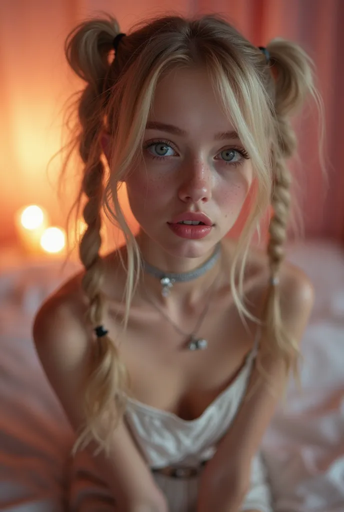 1 girl,  sexy 18 year old girl , pigtails, beautiful face, gorgeous, beautiful, beautiful, beautiful face, pale skin, parts, blonde hair, Blue eyes, full and shiny lips,  big lips,  thick lips,  half-open lips ,  light pink lip gloss , mask, skinny thighs,...