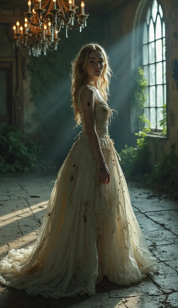 Cinderella stands in the middle of a decaying ballroom, her once-beautiful gown now shredded and covered in dirt, with dark, mysterious stains marring the fabric. Her skin is pale, almost ghostly, with faint bruises and marks across her arms and neck. Her ...