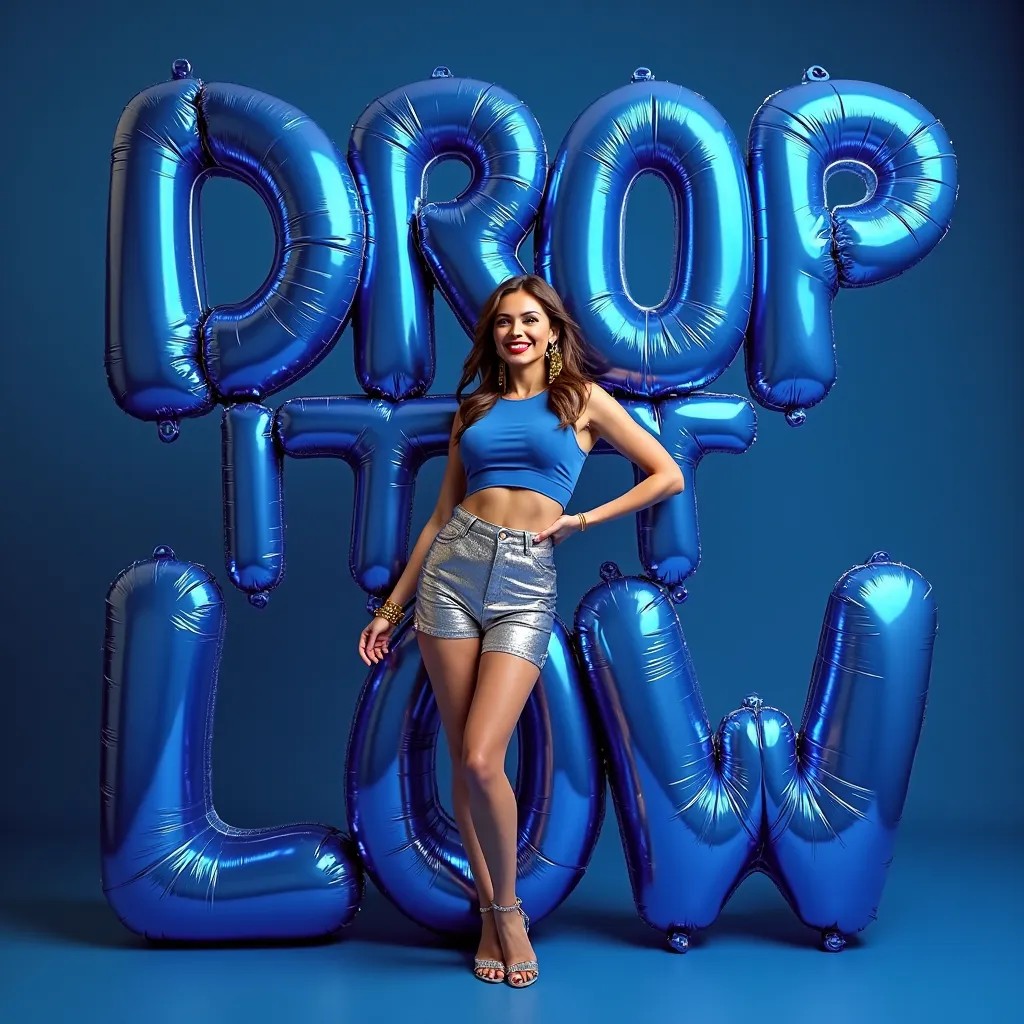 3D Balloon Typography: The phrase "DROP IT LOW" is boldly rendered in large, voluminous 3D balloons, retaining the original vibrant royal blue hue with a glossy, slightly textured finish. The letters are dynamically arranged, slightly curved to suggest rhy...