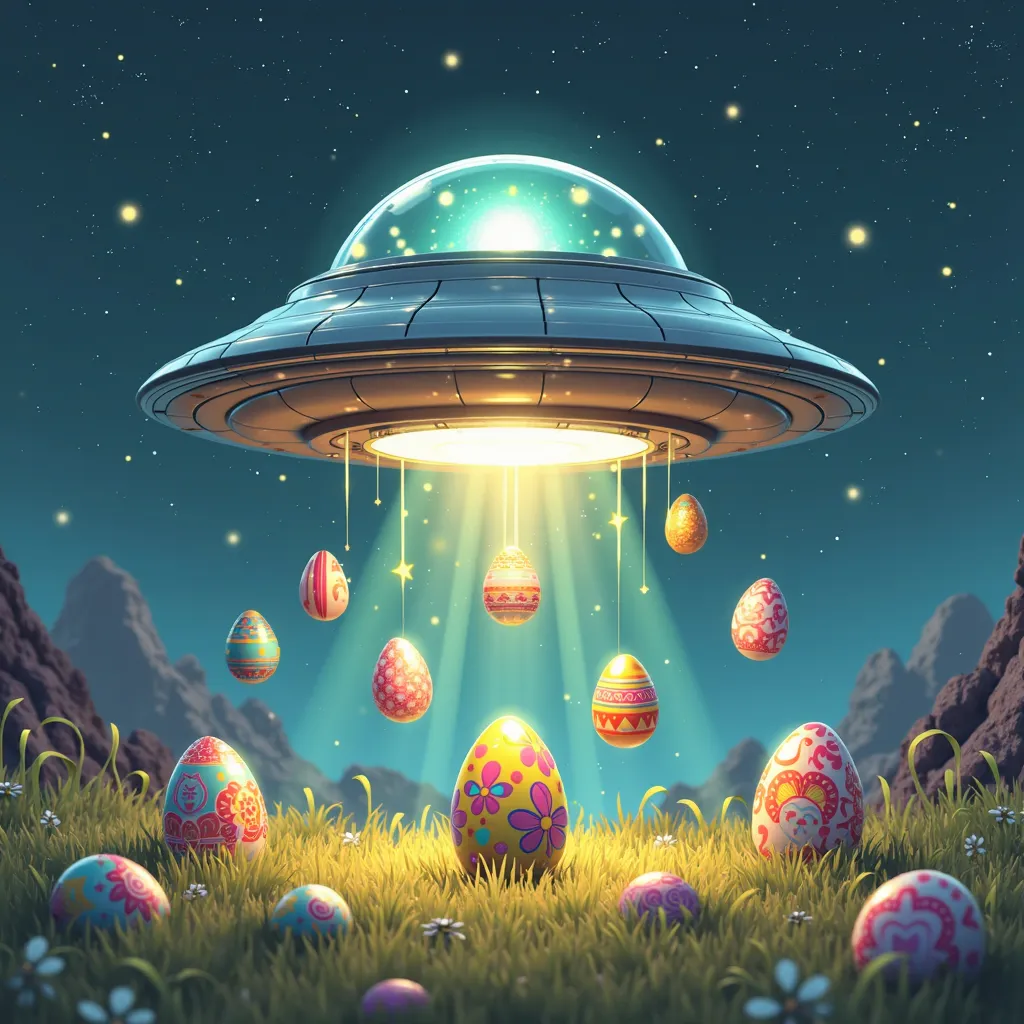 "A playful sci-fi Easter design featuring a UFO beaming up decorated Easter eggs. The spaceship has a futuristic glow, with the text 'Eggs-traterrestrial' written in a fun, space-themed font."

