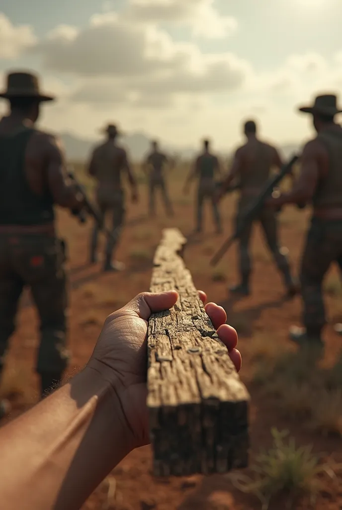 POV image ( I'm holding a piece of wood ) Environment and canary, Caatinga environment, Scenario armed men beating women 