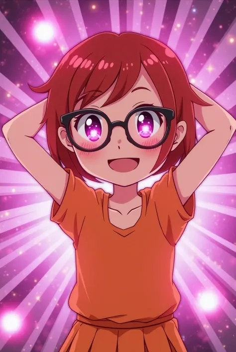 
The image shows a girl with short red hair and big round glasses. She is wearing an orange top and skirt. The girl smiles and has her hands behind her head. Bright pink-purple lights or flashes are visible in the background. Her eyes sparkle and have a he...