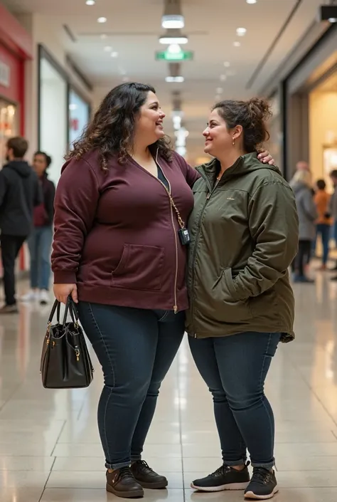 Fat woman, obese, huge woman, mall, tall woman, shopping, watching, smile, huge belly, hugging, young, 2girls, size difference, 1 slim girl, 1 fat girl, thin girl short, fat girl tall, Goth girl, photograph, date, laughing