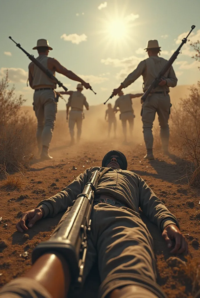 POV image ( I'm lying on the ground) scene ( armed Northeastern men hitting other men with guns ) Environment ( caatinga ) 