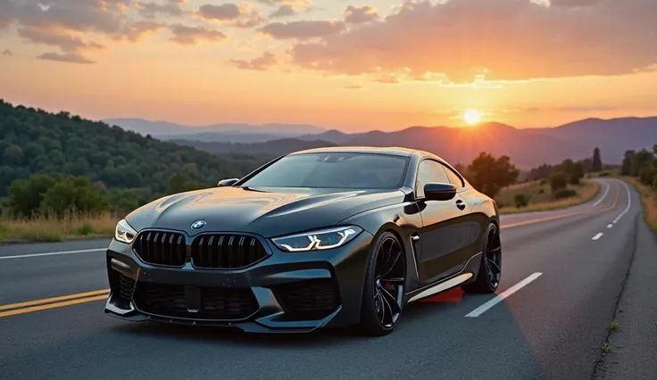 "A stunning BMW M9 parked on a scenic American highway during a beautiful sunset. The road stretches into the horizon with smooth asphalt, and the car's sleek, futuristic design shines under the golden light. The sky is a mix of warm orange, pink, and blue...