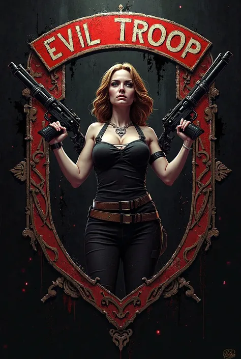 Guild emblem with the name of the evil troop With a woman holding two Thompson weapons 