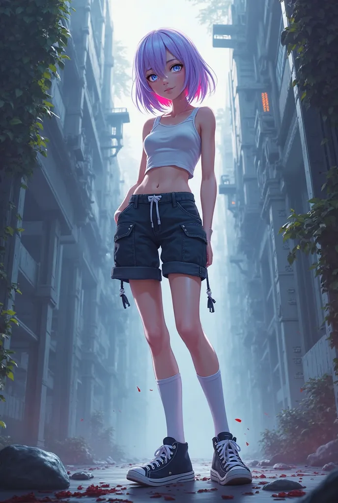 Tall, with shoulder length light purple hair with red underneath, icy blue eyes, pale skin. She wears a tight tank top and cargo shorts. She also wears knee socks and sneakers. Anime style
