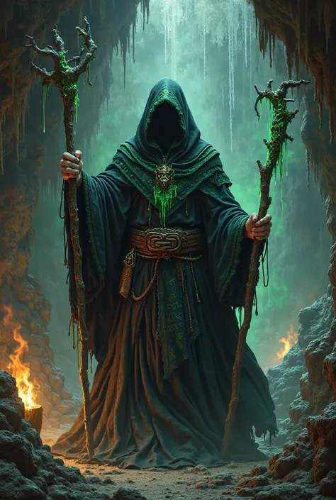 A dark wizard wearing a black robe with green details, a belt and a staff. Live in a cave.