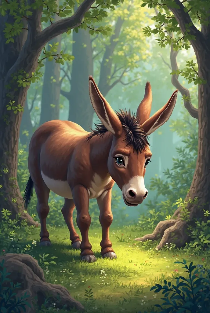 The donkey stands and looks at the short grass in the forest. A digital picture 