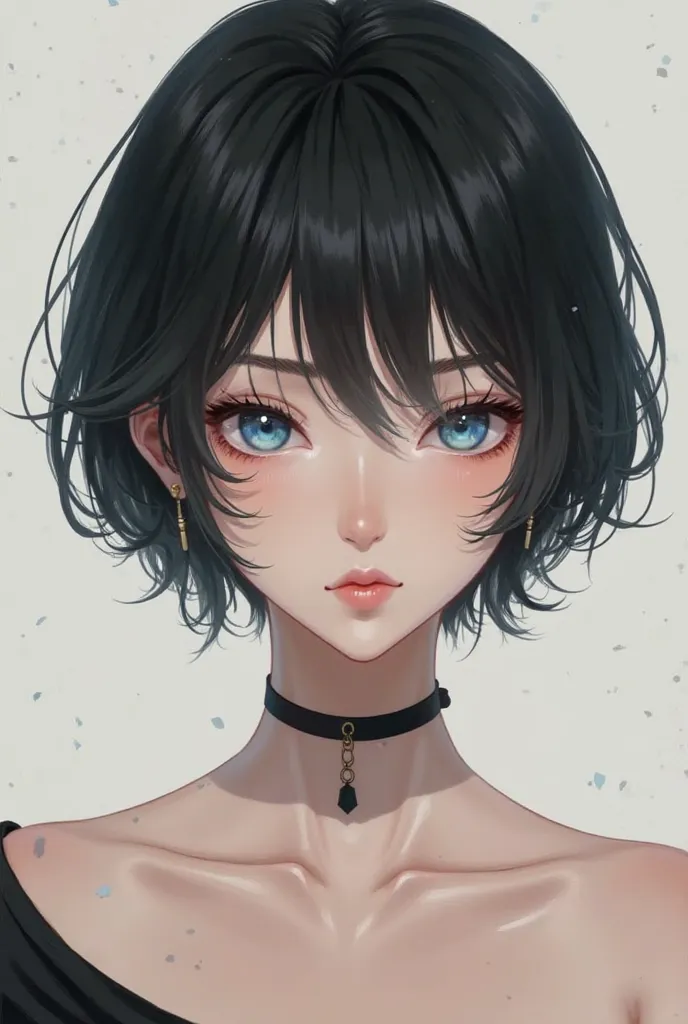 Create a femboy with black hair and blue eyes 