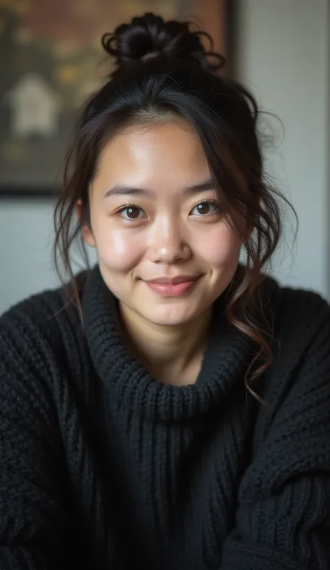 Sofia wearing a black sweater and her hair tied up, with a small smile and in the back there is a blurry office.  