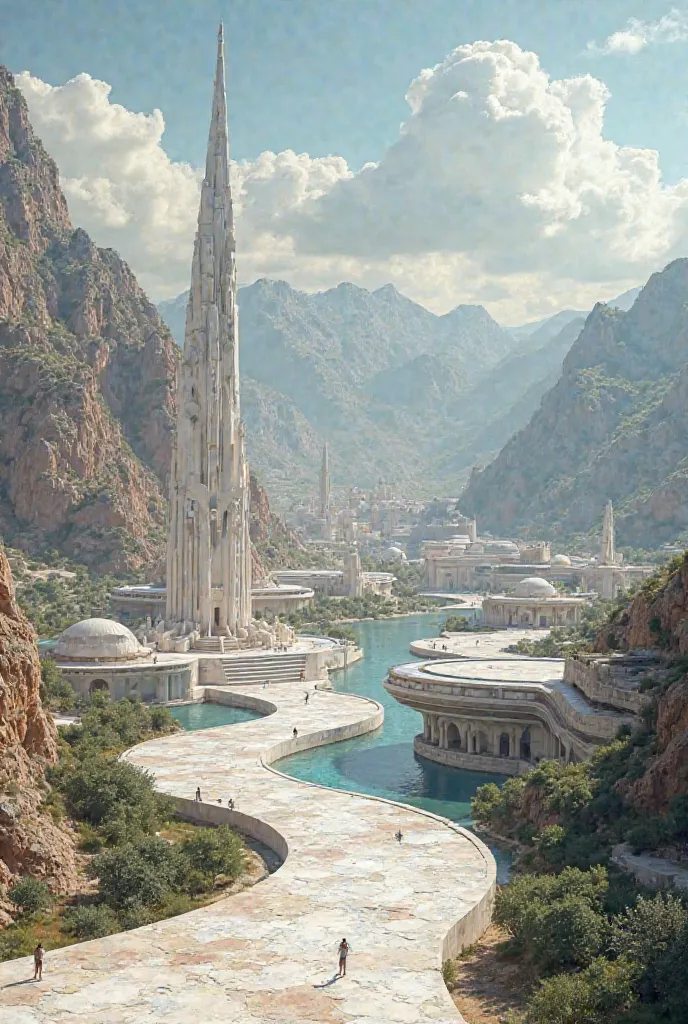 Very good resolution,Very large glorious marble solar city in Roman-futuristic style, The city is located in a large wide and flat valley surrounded by mountains in the distance , Reminiscent of gondoline