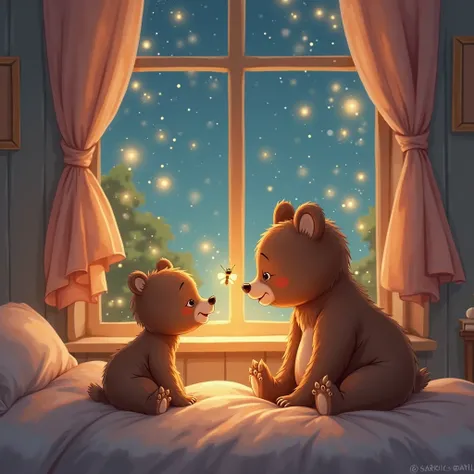 an animated image of a very small firefly talking to a cute little bear looking through the window of a bedroom