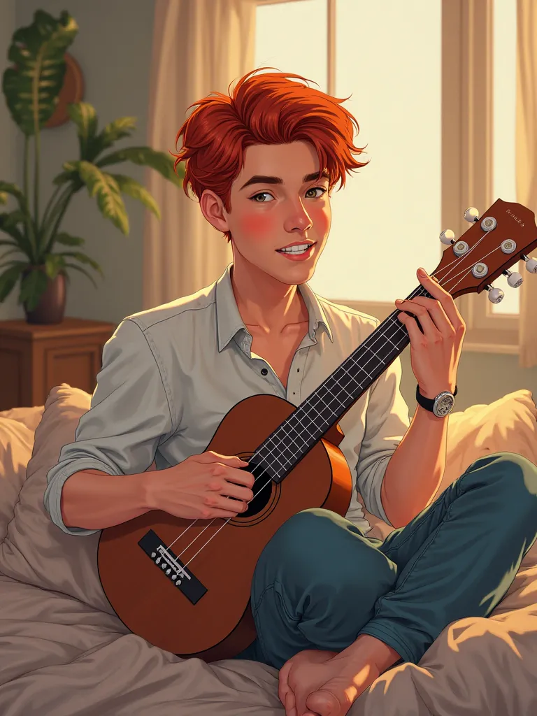 Red-haired young handsome man plays ukulele in a cozy room on the bed
line art
