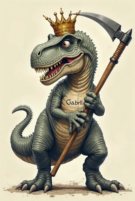 2D drawing of a nervous rex dinosaur wearing a crown and holding a sickle and writing GABRLL in the center of the image 