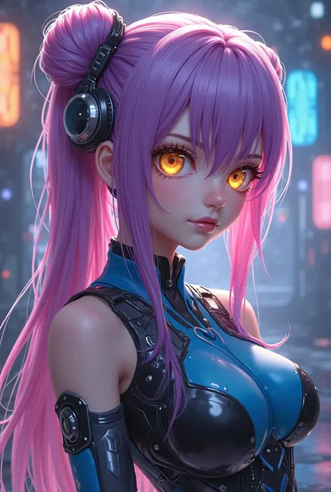 1girl, ((purple hair)), (pink hair), (gradient hair:1.5), (big hair:1.2), medium hair, long bangs, braid, mechanical buns, (cybernetic eyes:1.3), optical eyes, yellow eyes, crystal eyes, detailed eyes, pink lips, plenty lips, modern combat suit, blue and b...