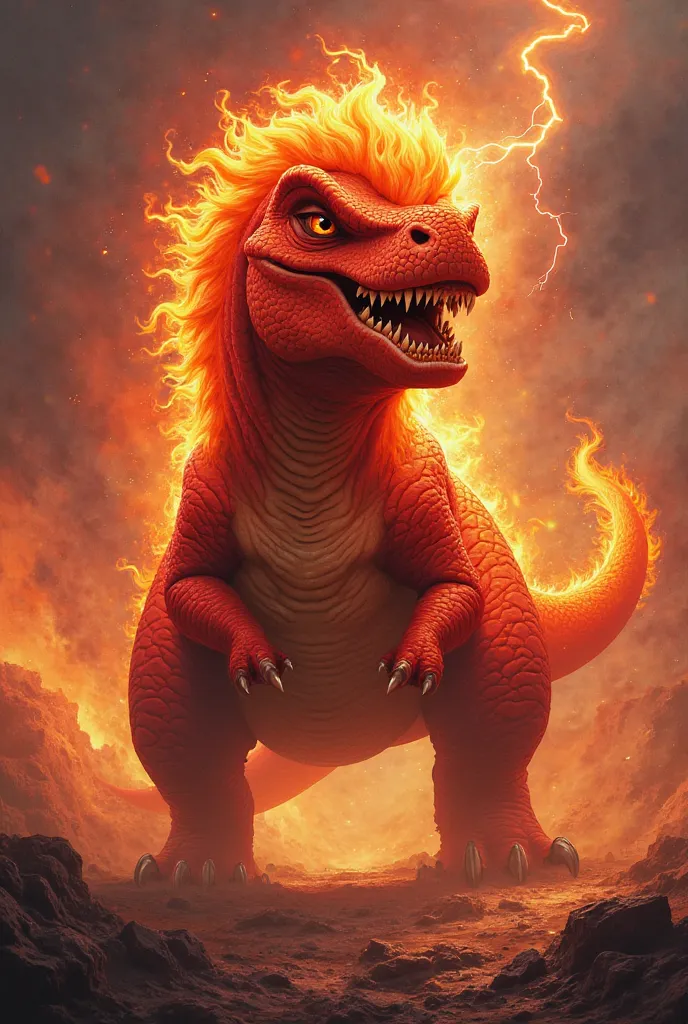 Generate a picture of a dinosaur as if he were the character Wrath from Inside Out (red in color with an orange mane on his head, angry)