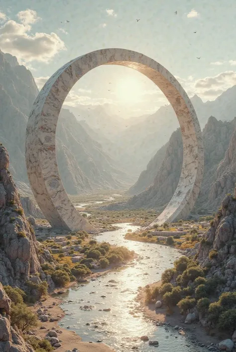 Very good resolution,Very large round glorious marble solar city in Roman-futuristic style, The city is located in a large wide and flat valley surrounded by mountains in the distance , Reminiscent of gondoline