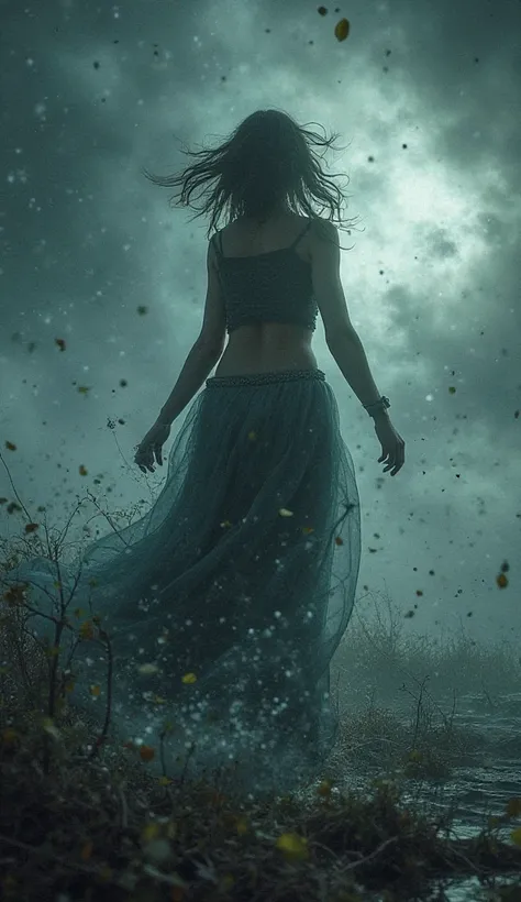 "Reborn in the storm":  style: fine art, emotional landscaping. Approach: Capture of a woman in the middle of a storm, symbolizing the inner strength that emerges in difficult moments.  elements : contrast between light and dark, natural elements in motion...