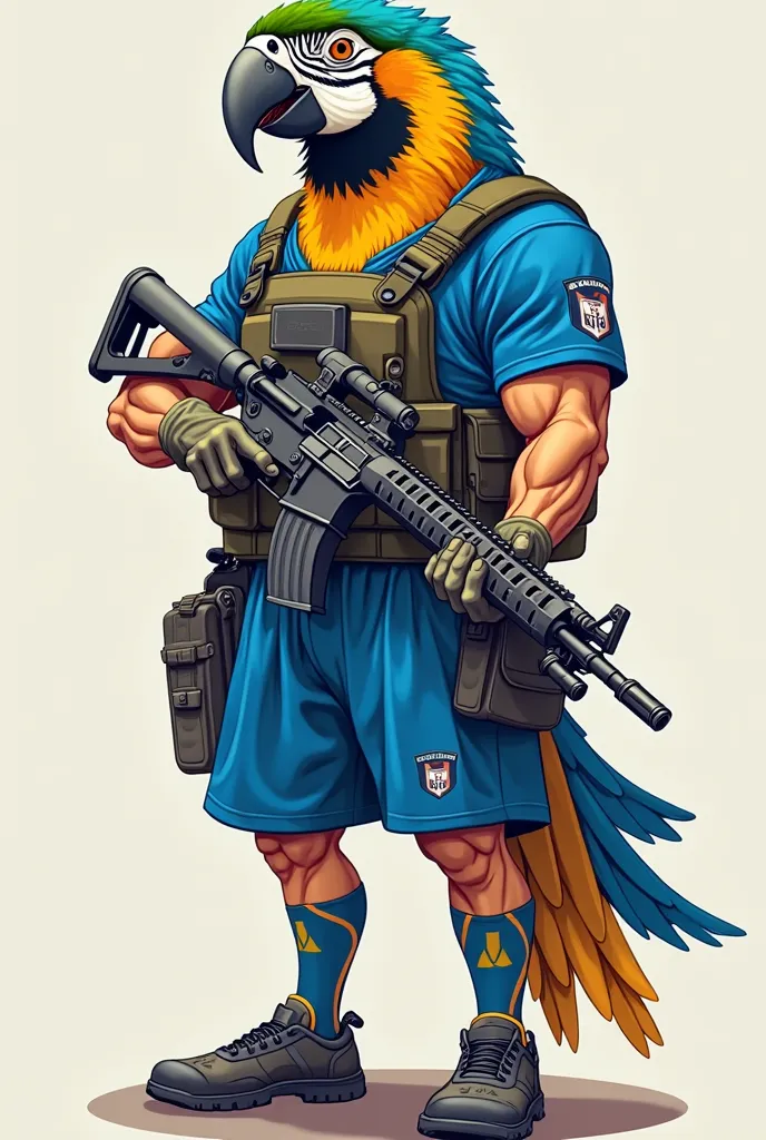 VECTOR A BLUE-LEGGED MACAW WEARING A SOCCER UNIFORM WEARING A SOCCER UNIFORM WITH A BLUE SHORT SLEEVE SHIRT AND BLUE SHORTS WITH A RIFLE IN HIS HANDS AND A BULLETPROOF VEST IN HIS CHEST IN FRONT VECTOR FULL BODY