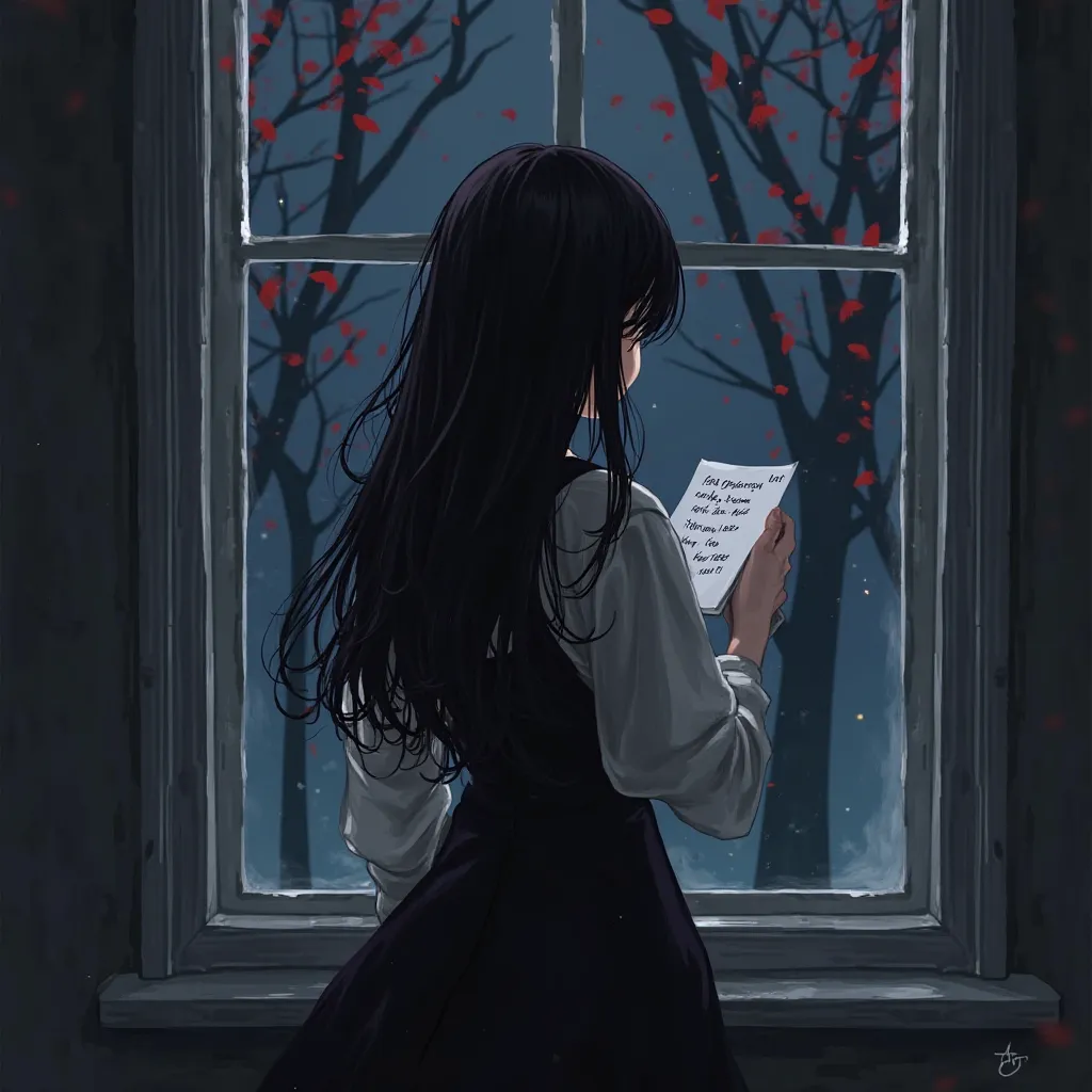 A beautiful white girl with black hair like a human being with a black dress with her back looking at the window that has red ribs flying through the night trees she is holding a note with something written high quality Long hair, 3D Rendering, 1 girl, Hig...