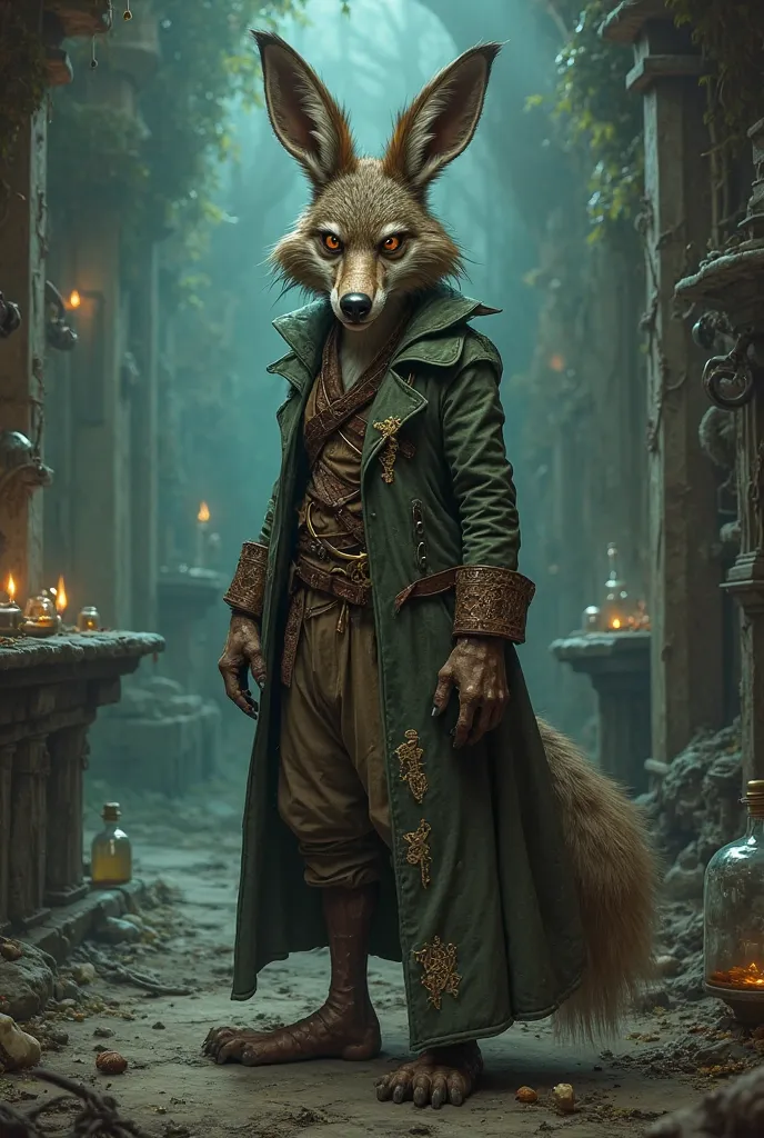 "Wile E. Coyote, the iconic Looney Tunes character, reimagined as a cursed alchemist in a gothic dark fantasy world. His gaunt, humanoid figure retains the sharp, cunning features of his classic design, but his fur appears shadowed and unnatural under the ...