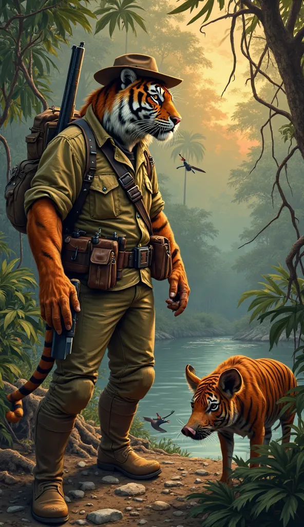 "A muscular tiger with vibrant orange fur and intense black stripes, dressed in classic hunting attire (brown safari hat, khaki jacket with leather pockets, high boots and a vintage shotgun on his back), lies in ambush in a dense, humid tropical forest. Hi...