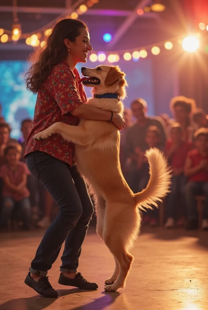 "A talented dog performs an energetic and synchronized dance routine with its owner to upbeat music. The dog twirls, jumps, and moves rhythmically, showcasing impressive tricks like spinning on two legs, weaving through the owner's legs, and standing on hi...