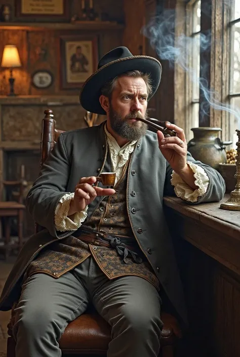 A man dressed in the style of the early 17th century, smoking in a long mud pipe, in a tavern.