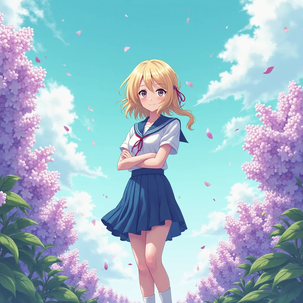  Anime high school blonde drawing with a uniform blue brush lilacs and teal