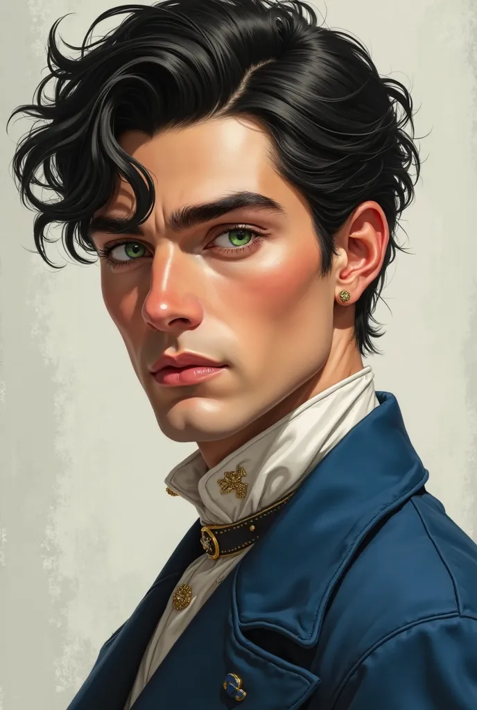 Younger Royal man with short fluffy black hair, pretty face, green eyes, slightly tan skin and blue clothes