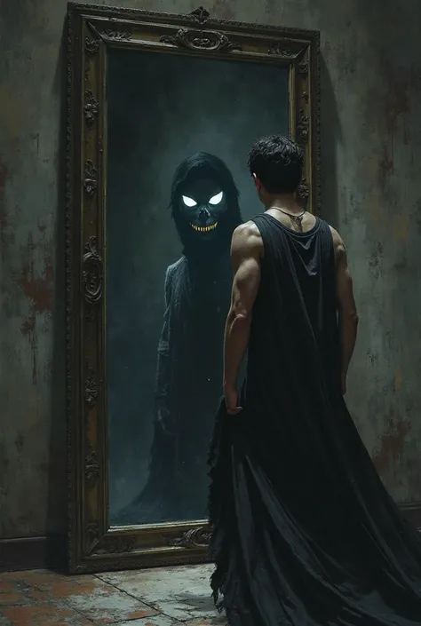 "A young man uncovering the mirror, the black cloth falling to the floor. His reflection is replaced by a shadowy figure with glowing eyes, staring back at him with a sinister grin."