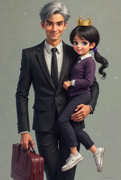 Handsome 30 year old man, black and white hair,  black eyes, funny look,  smiling, highly strung. Elegant black suit dress and black tie. Holding a pretty school bag. Carrying a beautiful  girl,  black-haired uniform, blue eyes,  smiling. dressed in a dark...