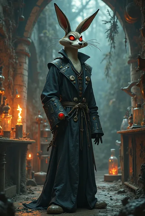 "Wile E. Coyote, the classic Looney Tunes character, reimagined in a dark fantasy style. He stands tall in a long, tattered alchemist’s coat, covered in glowing silver sigils. His iconic face and long ears remain, but his red eyes glow beneath a cracked pl...