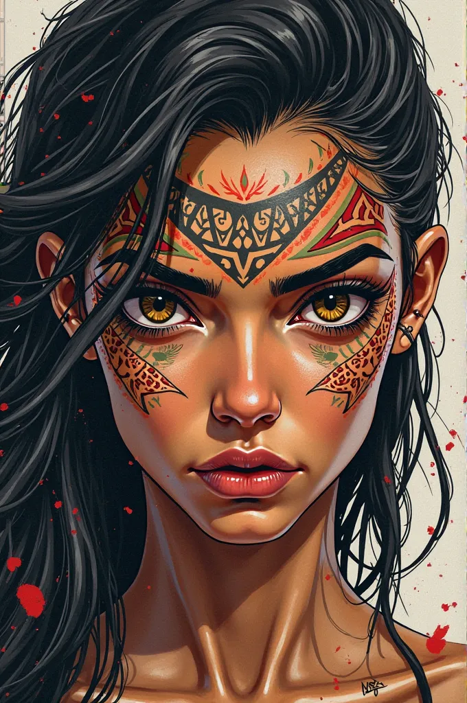 Dessin pour tatouage visage femme amazone guerrière en néo traditionnel 