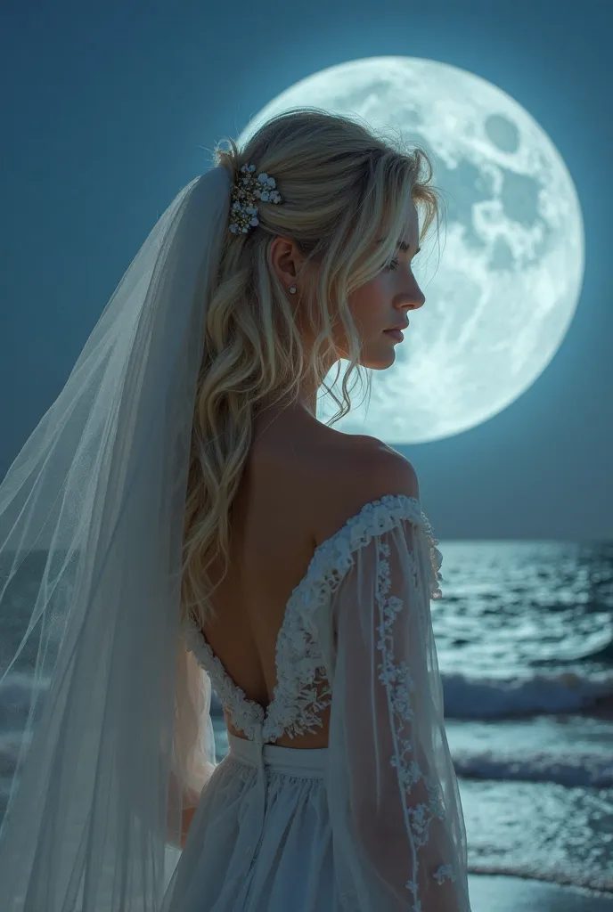 Une femme blonde de dos avec une robe de mariée et une lune bleu derrière dans le fond, avec en écriture Emma sur son dos