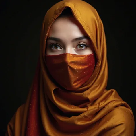 A hyper-realistic portrait of a woman wearing a luxurious hijab that covers her entire face except for her expressive, captivating eyes. The hijab is deep gold with subtle red accents, giving it a glowing, elegant look. The fabric is rich, slightly shimmer...