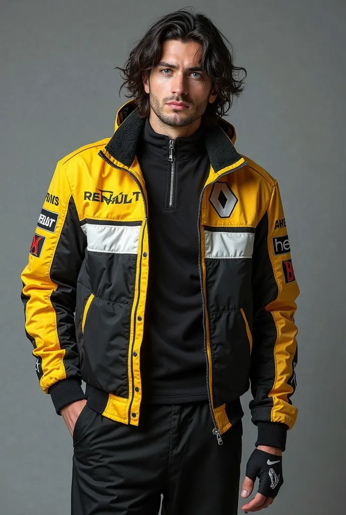 Make a man who wears a Formula 1 sports jacket, specifically the Renault one from 2004, and who wears automotive sports gloves,That he wears wide black pants and under his jacket there is a somewhat tight black shirt and that his hair is long black and his...