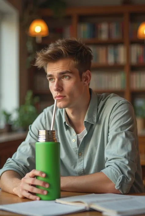 A college man with a green thermos with a straw 
