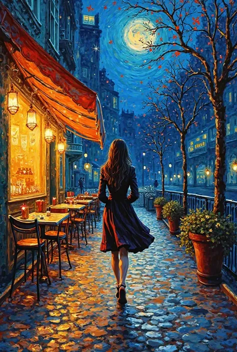 Van Gogh painting at night, woman walking backwards on the cafe terrace