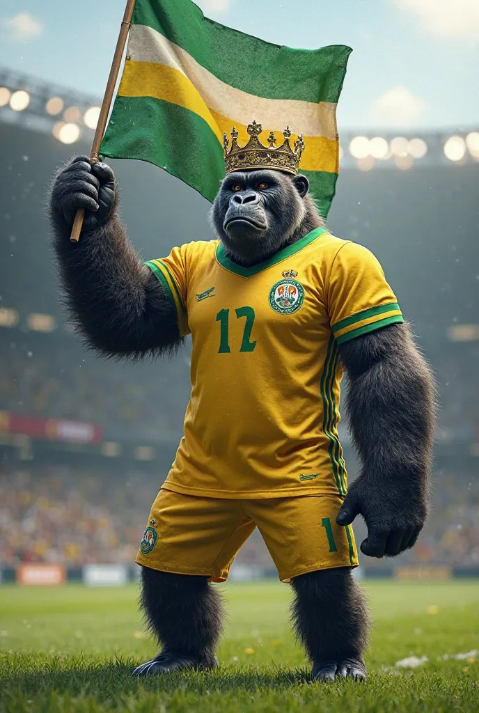 gorilla wearing yellow soccer jersey and crown on a soccer field and holding the green, white and green flag with horizontal stripes 