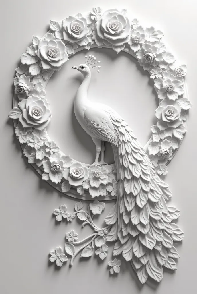 pencil drawing  sculptural modeling 
 Stucco of rose and other flowers. An artistically drawn peacock with an artistic artistic large tail falling to the right side.  A peacock stands on a decorative circle. wall in the interior.