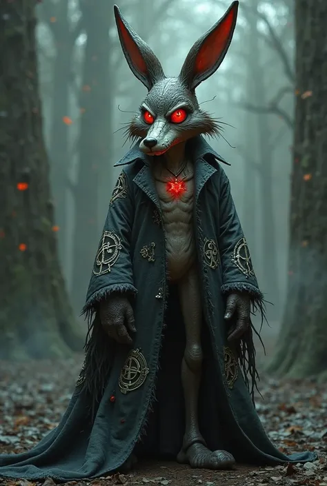 "Wile E. Coyote, the classic Looney Tunes character, Cartoon reimagined in a dark fantasy style. He stands tall in a long, tattered alchemist’s coat, covered in glowing silver sigils. His iconic face and long ears remain, but his red eyes glow beneath a cr...